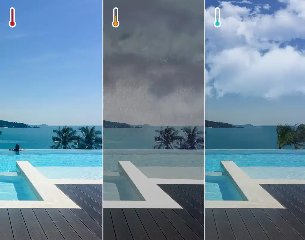 the weather changes the water in your pool. 3 image of a pool with clear water, weather changes. 