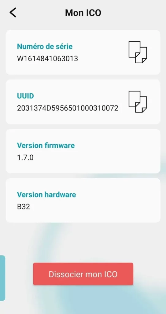 identifiant de l'appareil ICO accessible depuis l'application ICO : 