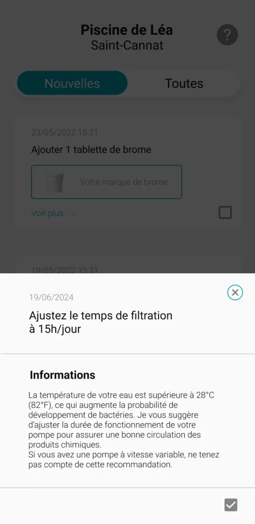 écran de l'application ICO : recommandation ICO Pool pour augmenter le temps de filtration de l'eau 