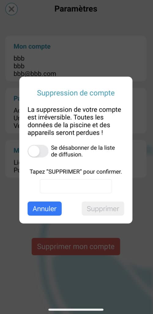 confirmation suppression du compte ICO application 