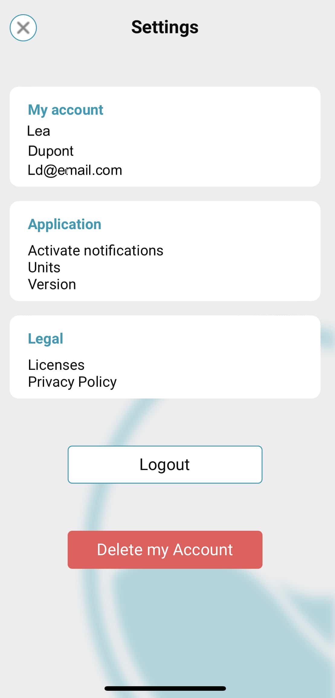 screen of ICO app in my account settings : click on the delete button to delete your  account