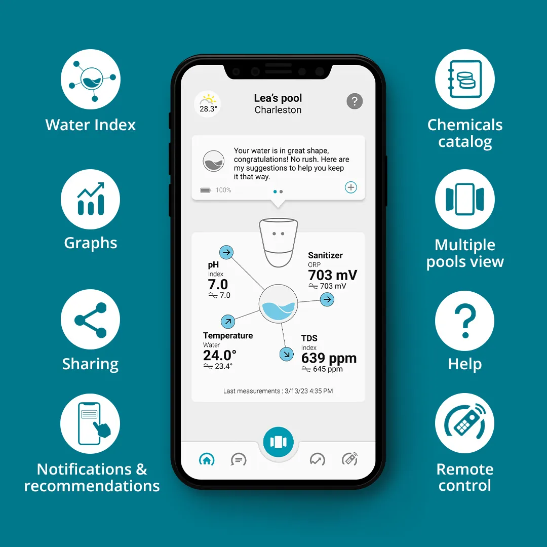 The ICO application lets you check measurements such as ORP, pH, TDS and water temperature on your ICO pool or ICO spa device. 