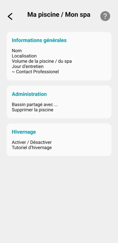 Paramètres Application Ma Piscine / Mon Spa