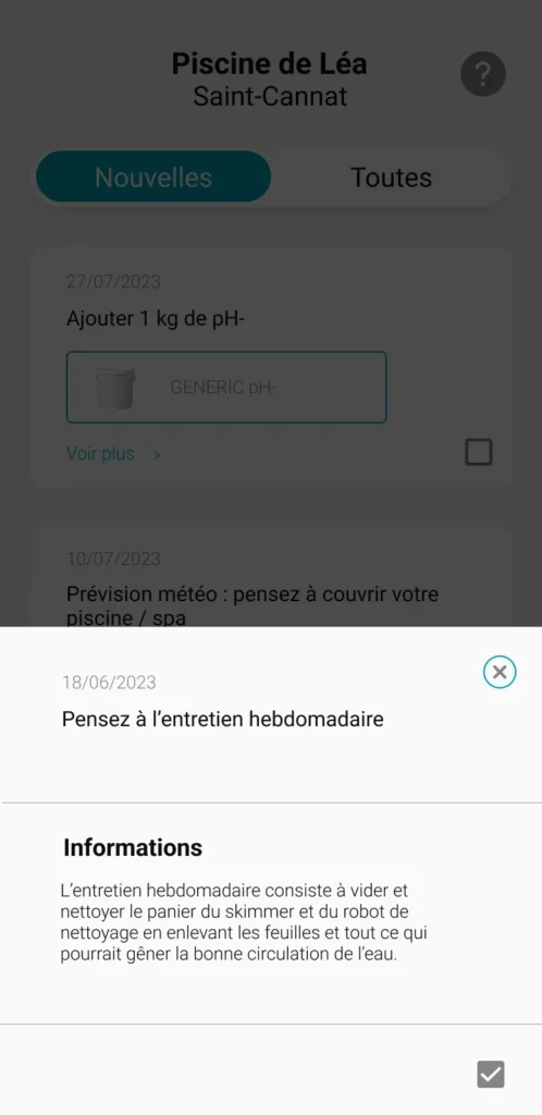 écran de l'application ICO avec la recommandation qui rappelle le jour d'entretien de votre piscine