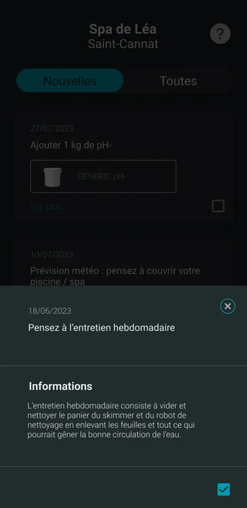 écran de l'application ICO avec la recommandation qui rappelle le jour d'entretien de votre spa 