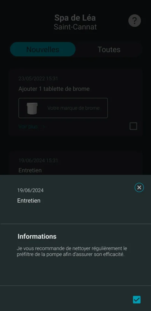 écran de l'application ICO : recommandation ICO Spa pour prendre soin et nettoyer le préfiltre de la pompe 