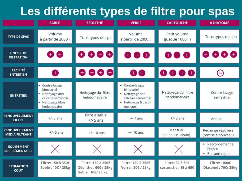 tableau comparatif des filtres compatibles avec les spas : finesse filtration, maintenance, prix 