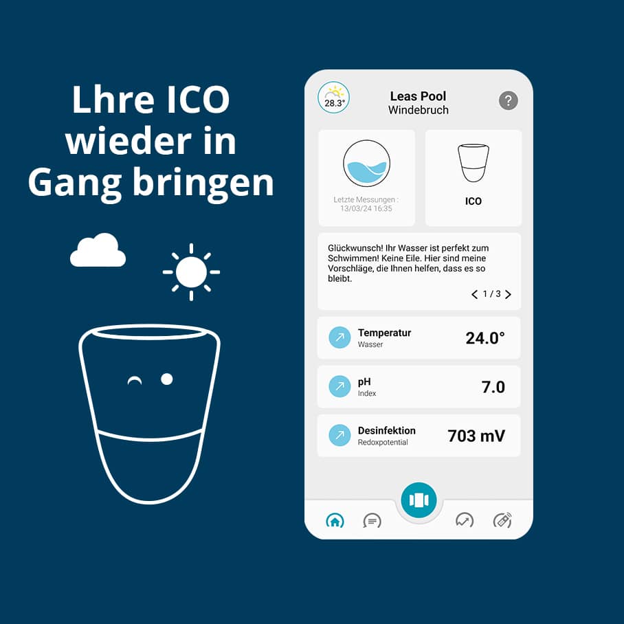 ICO pool visuell und ICO App, um das Gerät nach dem Winter wieder zu aktivieren.