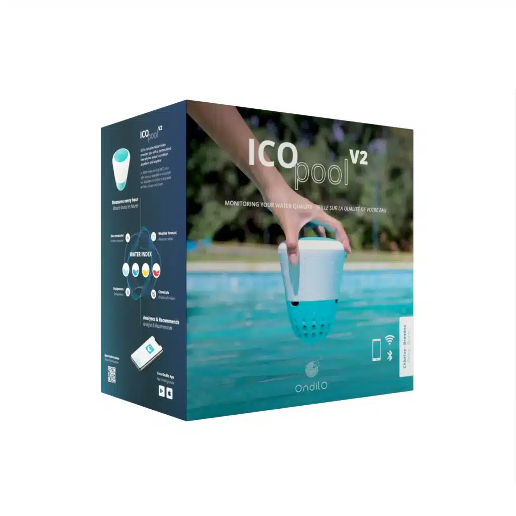 packaging ICO Pool V2, the connected water analyzer for chlorine and bromine. ICO Pool includes pH, ORP and TDS probes (salt version). 