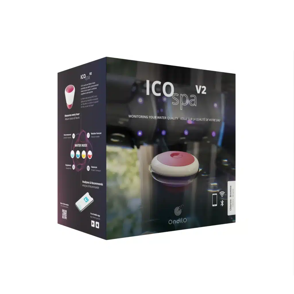 ICO SPA V2 packaging for spas treated with bromine and chlorine. ICO Spa includes pH and ORP sensors (and TDS for salt versions). 