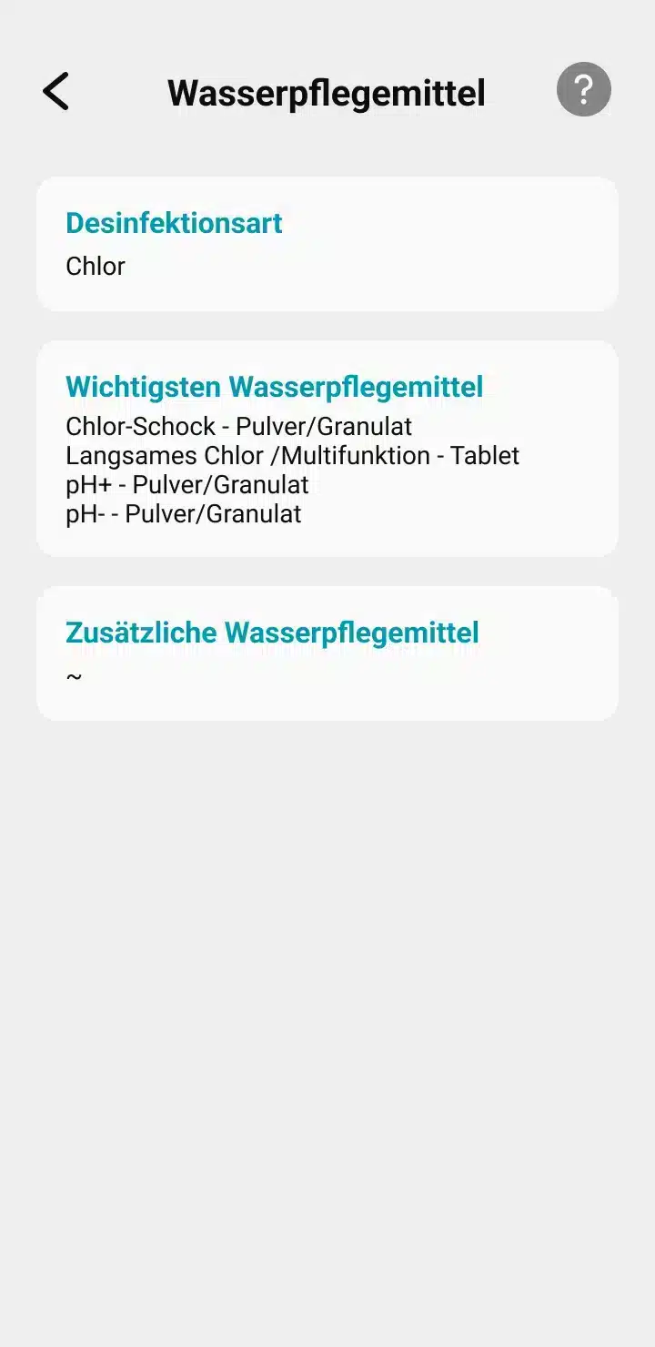 in der ICO-Anwendung stellt der Benutzer die Verpackungen seiner Chemikalien ein, um passende Empfehlungen in Form von Granulat, Kieselsteinen, Flüssigkeiten usw. zu erhalten. 