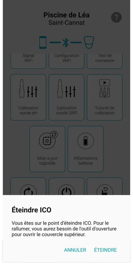 ecran de l'application ICO fonction éteindre ICO depuis le menu télécommande 