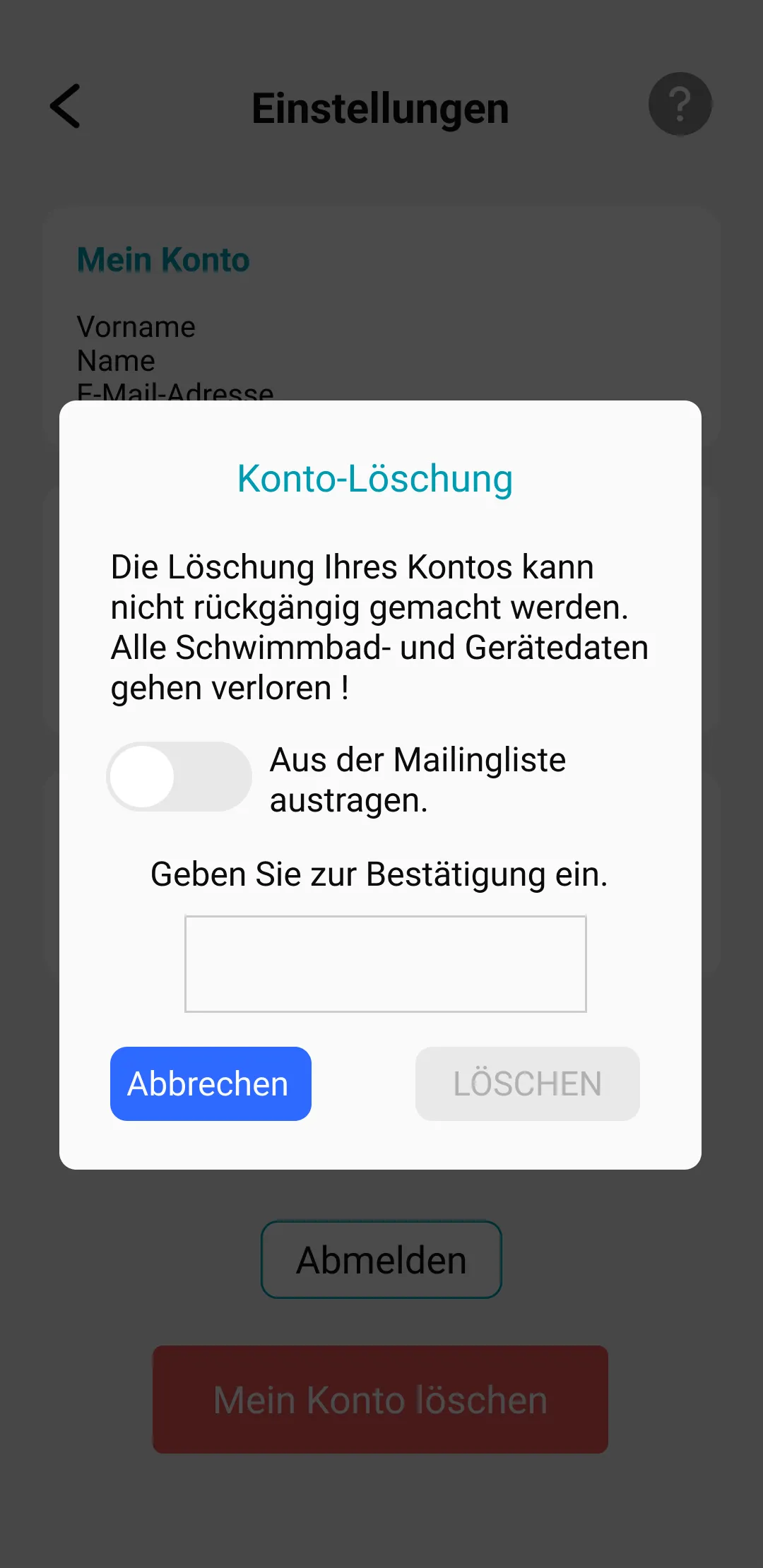 visuell der ICO-Anwendung: In einem Bestätigungsschritt wird die Löschung eines ico pool- oder ico spa-Kontos bestätigt. 