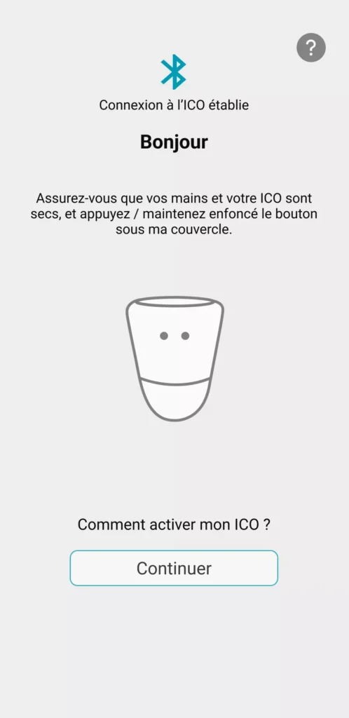 Visuel de l'application ICO avec le descriptif et le procéder pour allumer ICO et le connecter