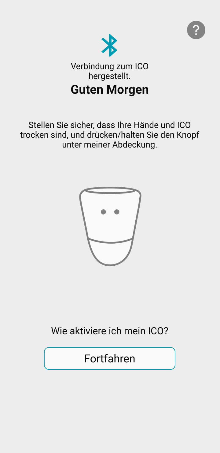 Visuelle Darstellung der ICO-Anwendung mit Beschreibung und Anleitung zum Einschalten und Verbinden von ICO