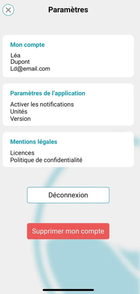 Visuel de l'application ICO, dans la section il est possible de supprimer le compte en cliquant sur le bouton supprimer mon compte