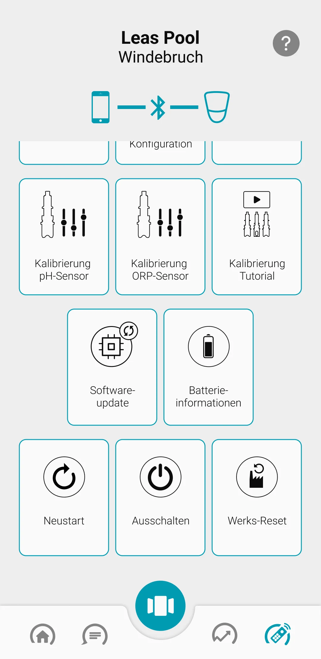 Visuelle Darstellung der Benutzeroberfläche mit der Möglichkeit, Messungen abzurufen, die WiFi-Verbindung einzurichten oder die Sonden zu kalibrieren