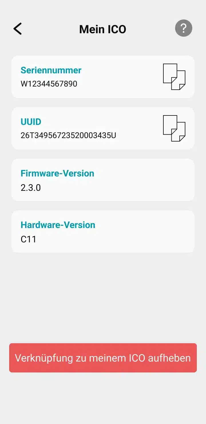 Visuelle Darstellung der Anwendung, die die Rubrik "Mein ICO“ zeigt, oder sobald ICO mit dem Konto verknüpft ist, zeigt die UUID, die Seriennummer sowie die Firmware- und Hardwareversionen