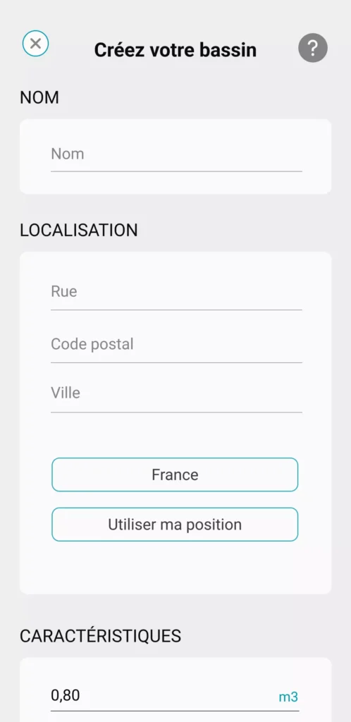 Visuel de l'application ICO qui montre l'étape ou l'utilisateur doit renseigner certaines informations pour créer son bassin