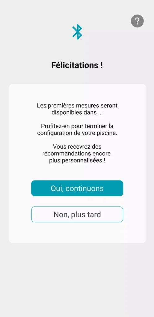 Visuel de l'application qui montre que ICO est maintenant actif, et qu'on peux terminer la configuration de sa piscine pour obtenir des recommandations encore plus personnalisées