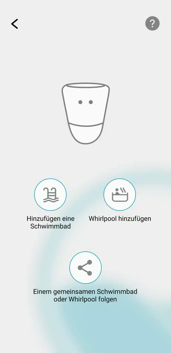 Visualisierung der ICO-App bei der Erstellung des Profils oder der Benutzer muss sagen, ob er dieses Profil für einen neuen Pool oder ein neues Spa erstellt, aber auch einem geteilten Pool oder Spa folgen