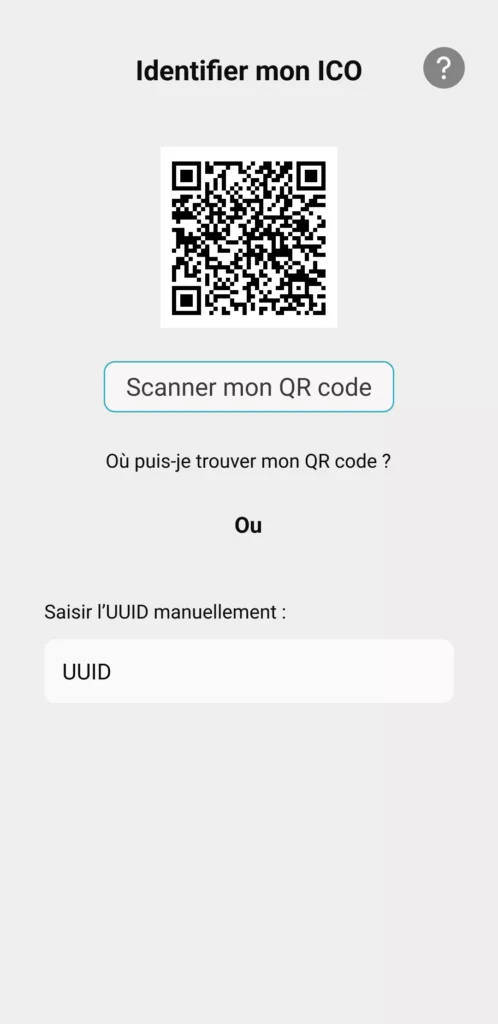 Visuel de l'application ICO avec l'interface avec le procédé pour identifier son ICO grace a un QR code ou avec l'UUID