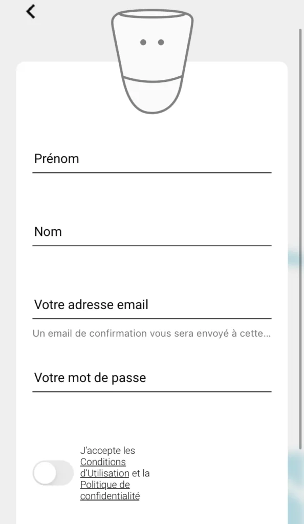 visuel de l'application ICO, page avec les informations à completer pour la création du compte avec le prénom, le nom, l'adresse email et le mot de passe