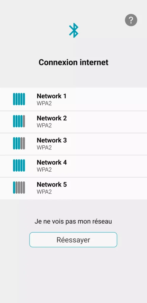 Visuel de l'application qui montre la liste des réseaux wifi disponibles afin de se connecter à ICO