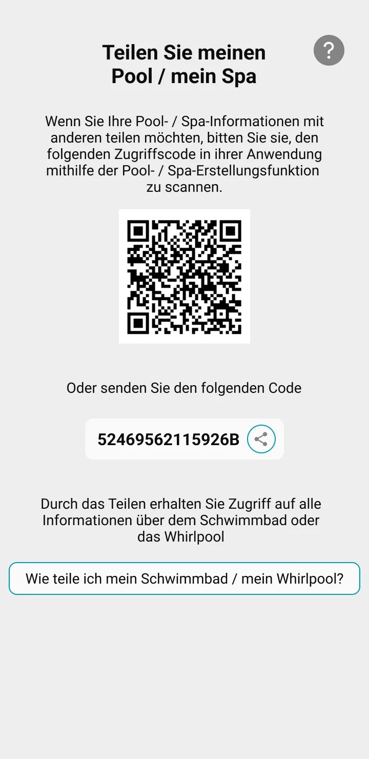 Visuelle Darstellung der Schnittstelle zum Teilen meines Pools oder Whirlpools mit der Möglichkeit, einen QR-Code zu scannen oder einen Code einzugeben