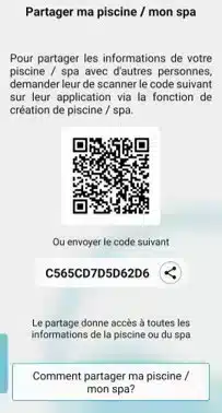 Visuel qui montre l'interface partager ma piscine ou mon spa avec la possiblité de scanner un qr code ou de saisir un code