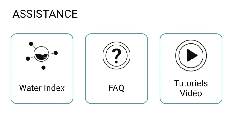 Visuel qui montre la catégorie assistance avec 3 cases : water index, FAQ et tutoriels vidéo