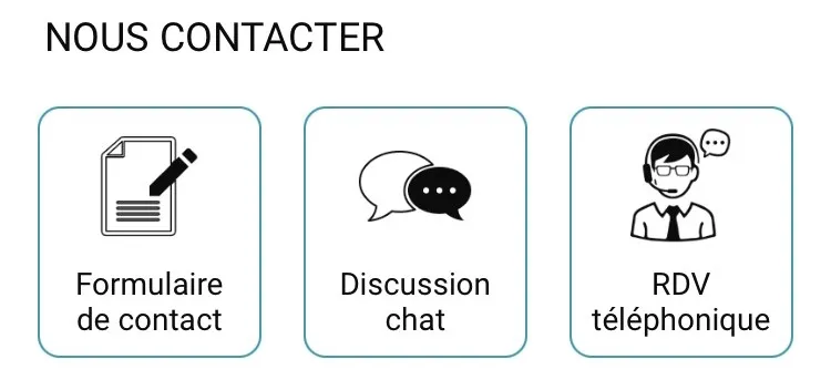 Visuel qui montre la catégorie Nous Contacter avec 3 cases : Formulaire de contact, discussion chat et rendez-vous téléphonique