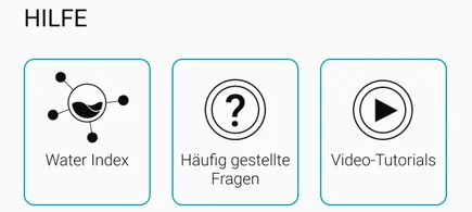 Visuell, das die Kategorie Hilfe mit 3 Feldern zeigt: water index, FAQ und Video Tutorials