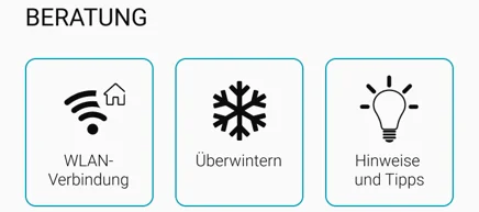 Grafik, die die Kategorie Tipps mit 3 Kästchen zeigt: WLAN-Verbindung, Einwintern, Tipps und Tricks