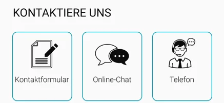 Visualisierung, die die Kategorie "Kontakt“ mit 3 Feldern zeigt : Kontaktformular, Chat und Telefontermin