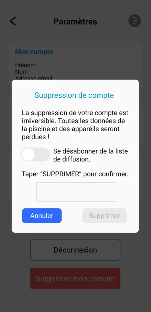 visuel de l'application ICO : une étape de validation permet de confirmer la suppression d'un compte ico pool ou ico spa 