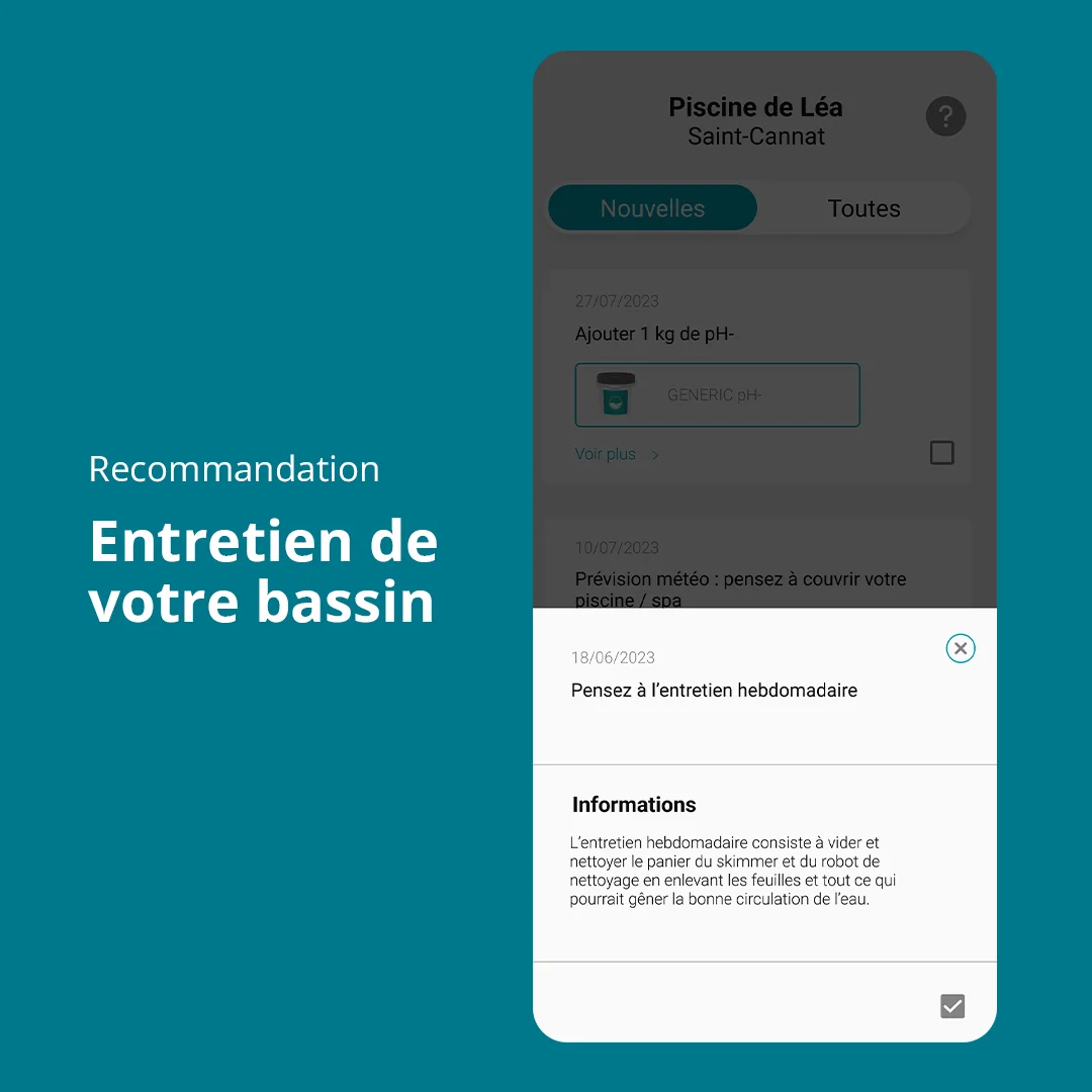 Visuel qui montre la page recommandation de l'application ICO concernant l'entretien de son bassin