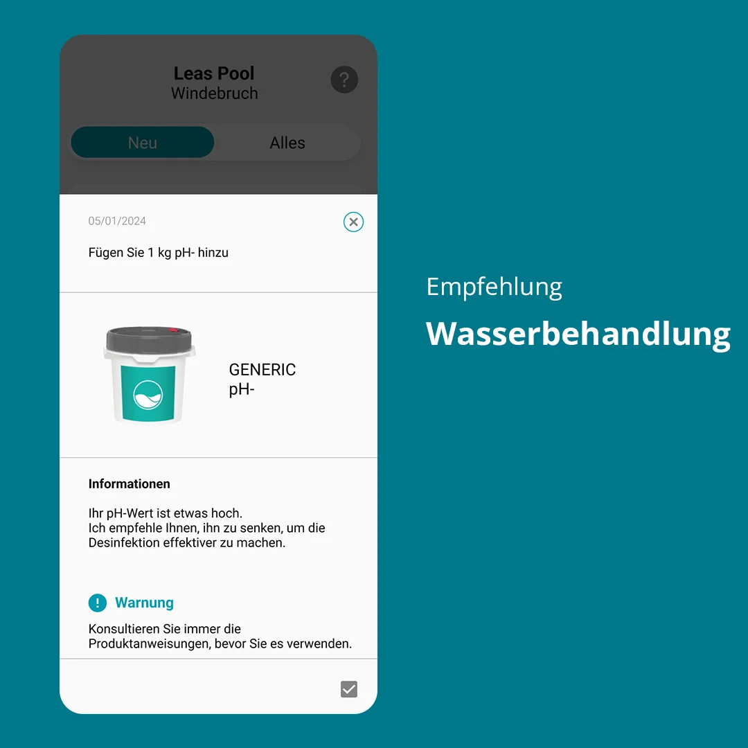 Visualisierung, die die Empfehlungsseite der Anwendung zur Wasseraufbereitung zeigt