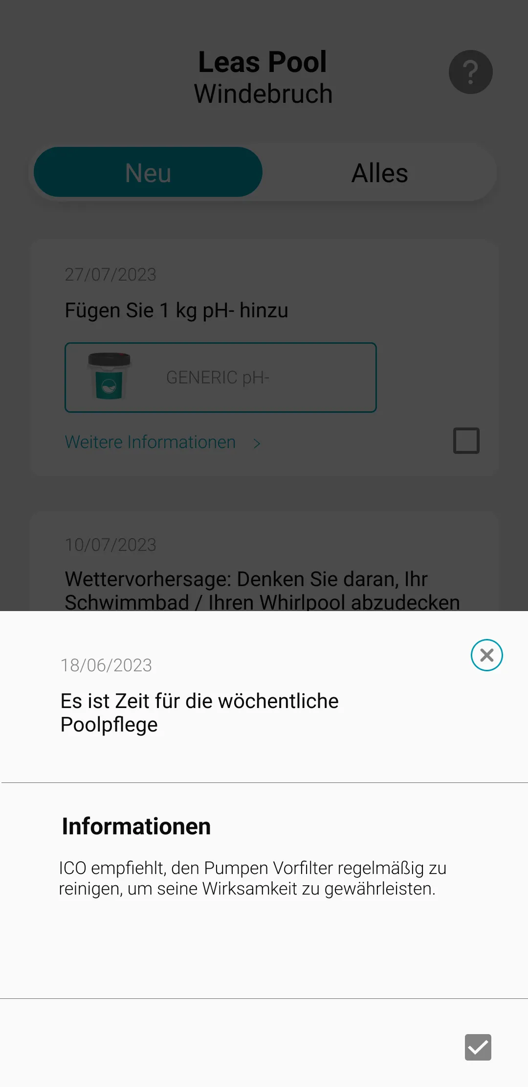 écran de l'application ICO avec la recommandation qui rappelle le jour d'entretien de votre piscine