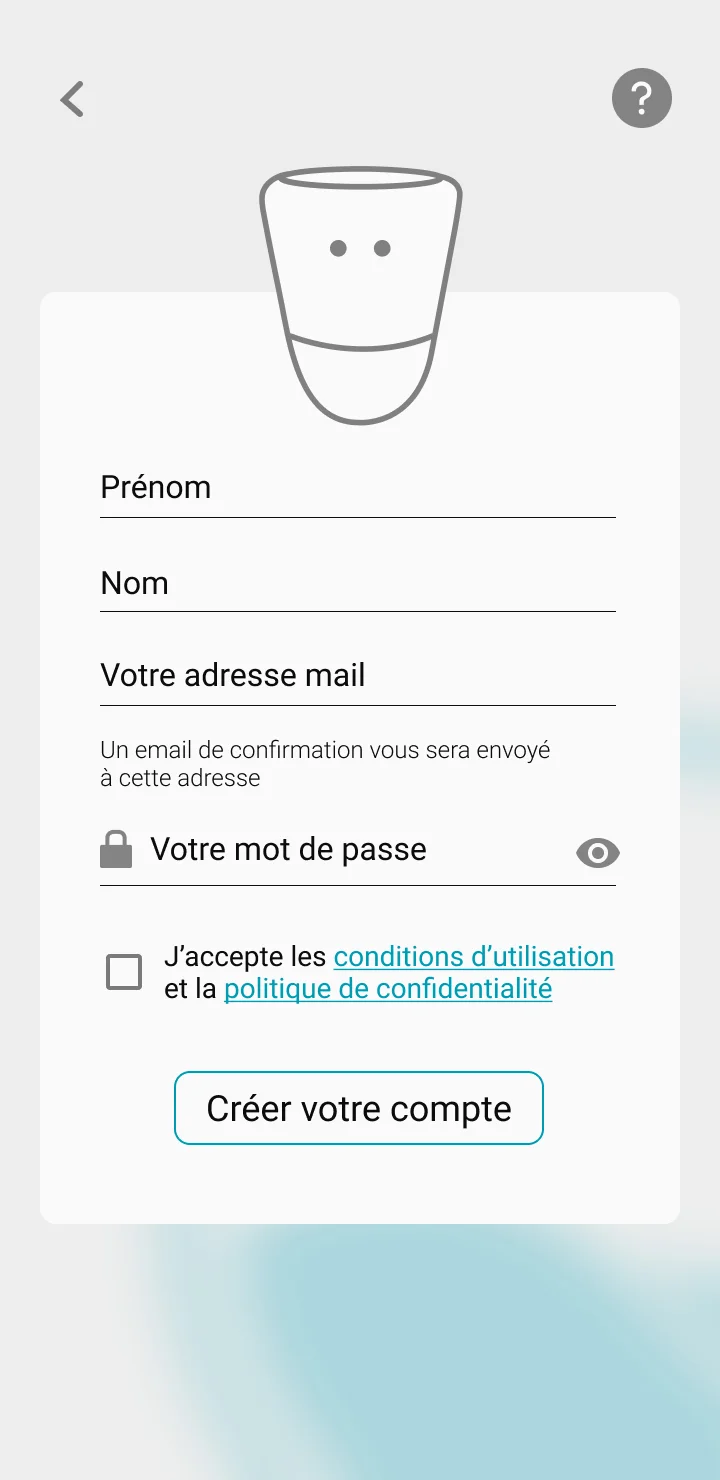 Image de l'application qui montre l'étape ou il faut compléter ses données afin de créer son compte: nom, prénom, adresse email 