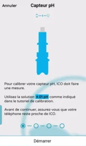 Image de l'application qui montre l'étape de la calibration de la sonde pH 4 d'ICO