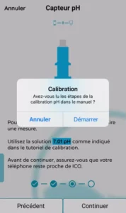 Image de l'application qui montre l'étape de la calibration de la sonde pH 7 d'ICO