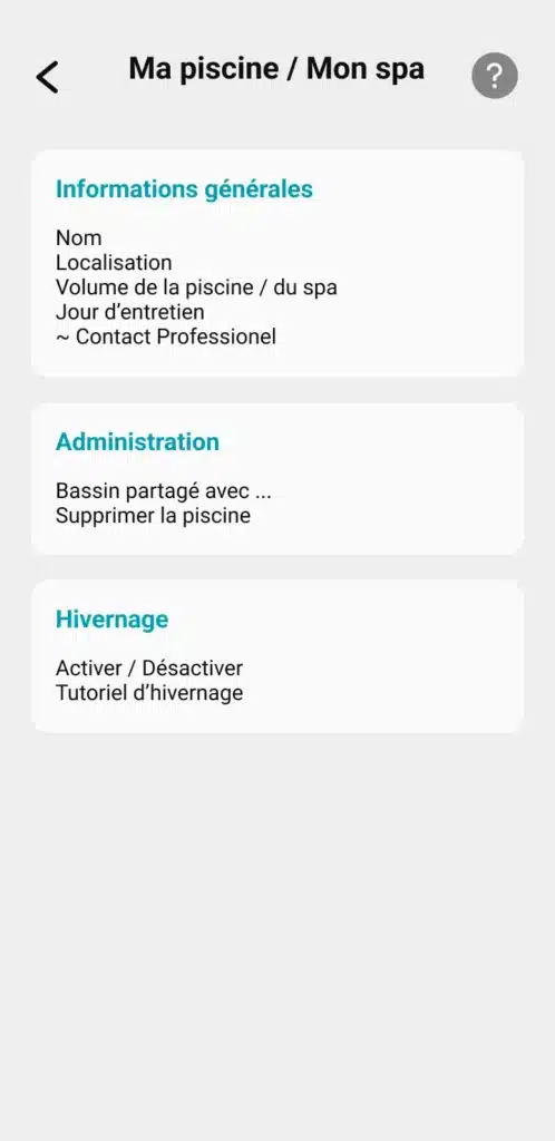 Image de l'application ICO montrant le menu ou on peux trouver les informations générales, l'administration ainsi que l'hivernage