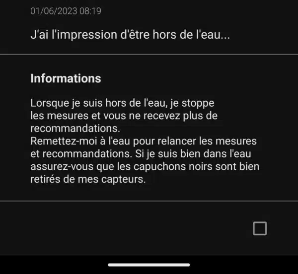 Image de l'application qui montre le message remettez moi à l'eau