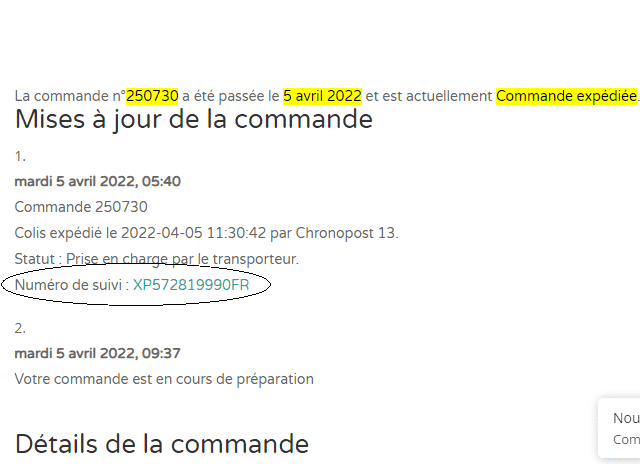 Image qui montre le bon de commande une fois le processus effectué avec tous les détails de celle-ci