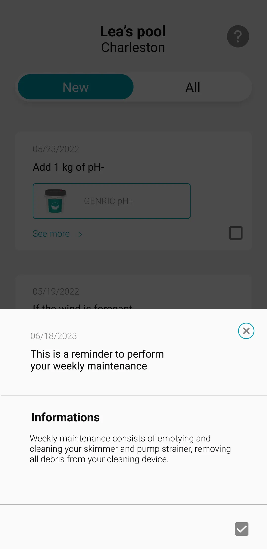 ICO application screen with recommendation reminding you of your pool's maintenance day