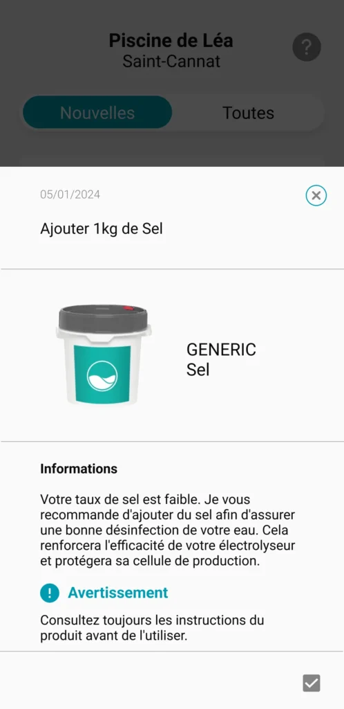 écran application ico: recommandation ajout de sel dans l'eau pour préserver la qualité de l'eau de la piscine. 