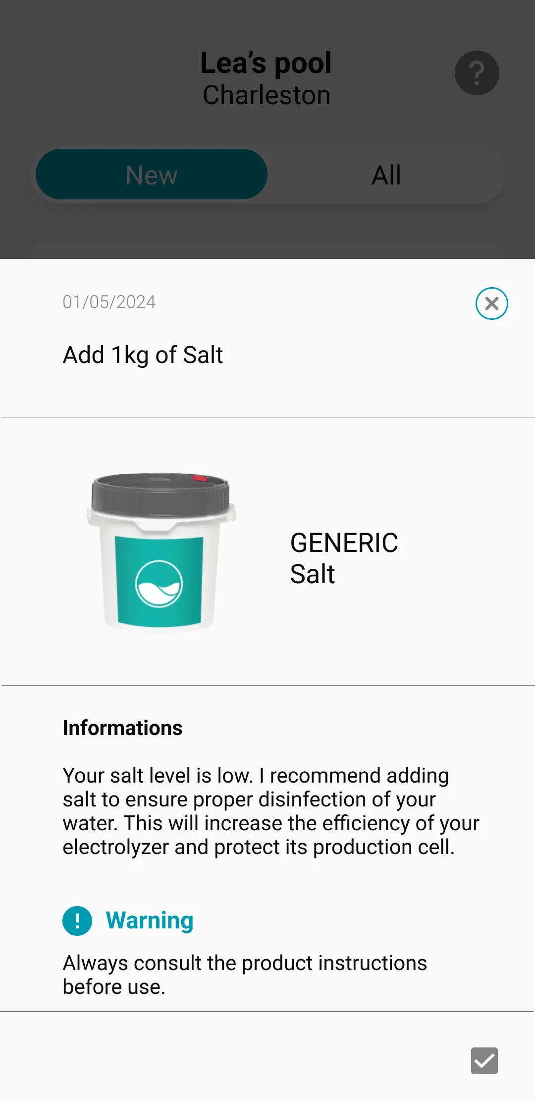 screen application ico: recommended addition of salt to the water to preserve pool water quality. 