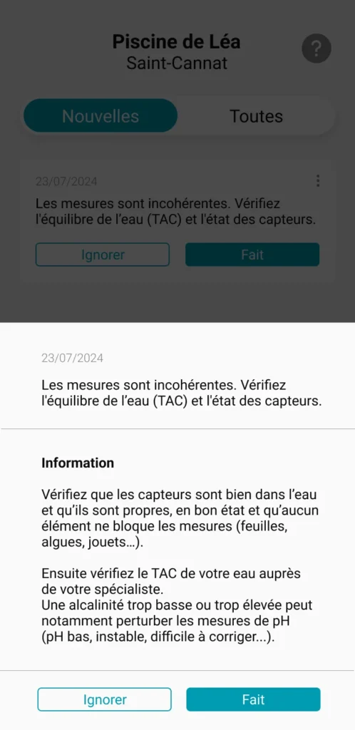 Image de la recommandation qui apparait dans l'application ICO lorsque les mesures sont incohérentes. 