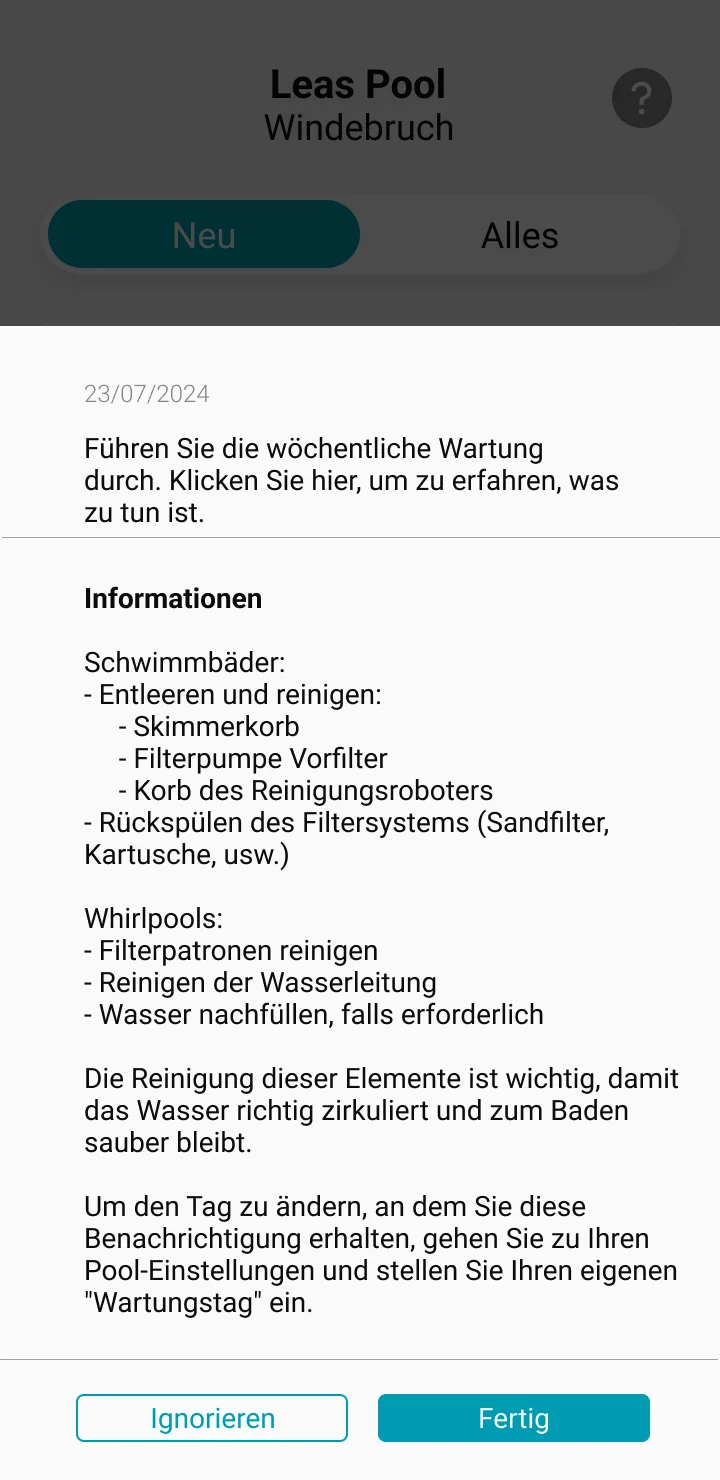 Image de l'application ICO qui montre les informations a savoir quand on reçoit la notification concernant l'entretien hebdomadaire à effectuer